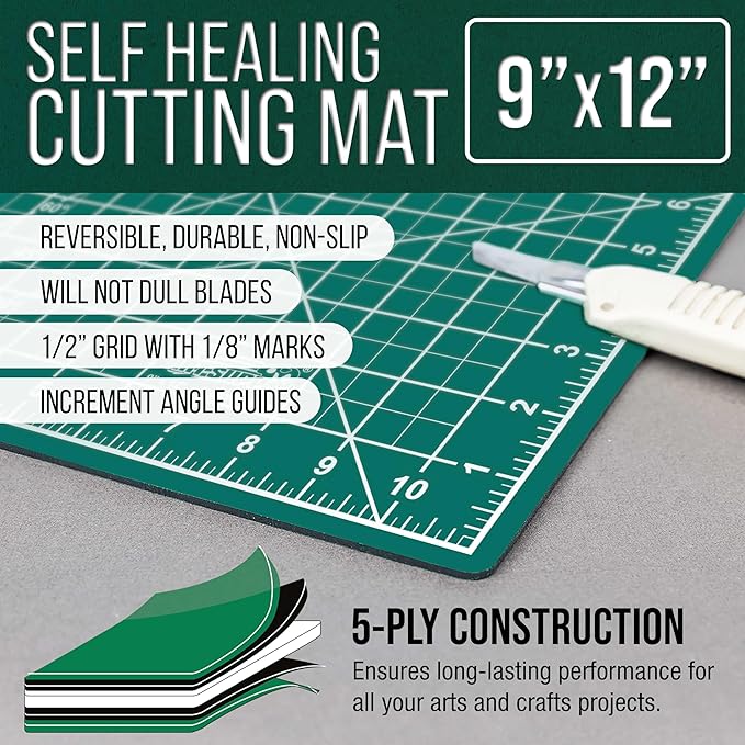 U.S. Art Supply 9" x 12" Self-Healing Cutting Mat 5-Ply - Double-Sided Green/Black Craft Mat, Non-Slip Cutting Mats for Crafts, Sewing, Quilting, Scrapbooking