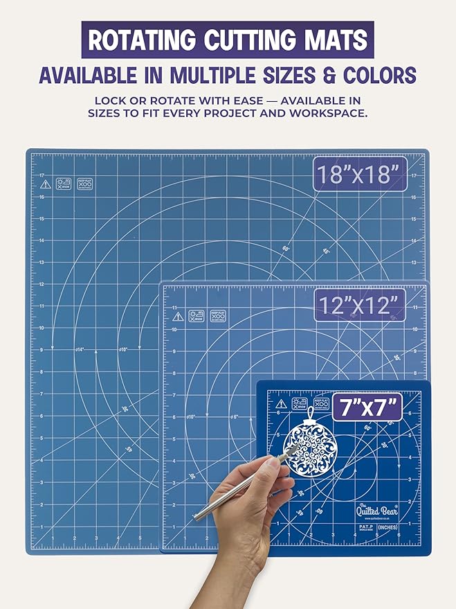 The Quilted Bear Rotating Cutting Mat 7" x 7" - Locking & Rotating Self Healing Cutting Board for Sewing, Fabric & Effortless Quilting - 360 Degree Sewing Supplies Mat for Craft Table (Blue)