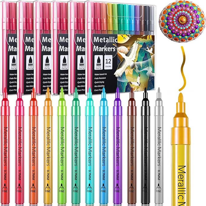 6 Sets Metallic Paint Markers Acrylic Metallic Pens Set of 12 Colors Glitter Pens 0.7 mm Extra Fine Tip Scrapbooking Coloring Black Paper Rock Painting Holiday Card Making DIY Crafts