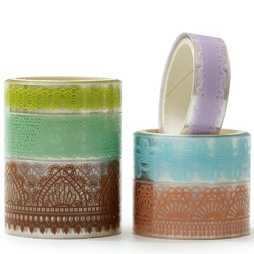 6 Rolls Lace Patterns PET Tapes Floral Arts Decorative Tape Set Adhesive Transparent Masking Tapes for DIY Craft, Kids, Scrapbook, DIY, Gift Wrapping, Journal (Shallow Like)