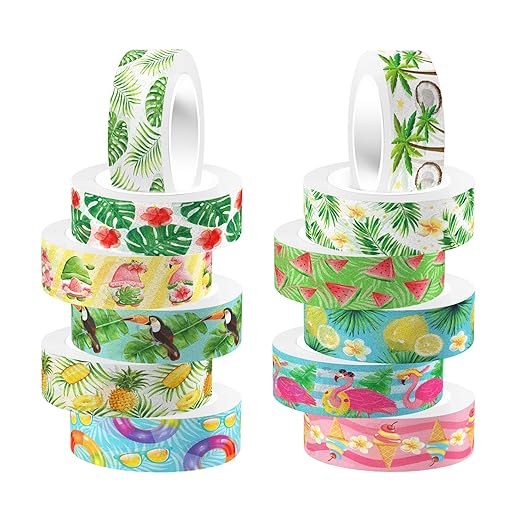Adirasenotek Hawaiian Washi Tape 12 Rolls Flamingo Lemon Watermelon Aloha Masking Tape Hawaiian Theme Decorative Paper Stickers Tape Sticker,for DIY Crafts and Scrapbooking