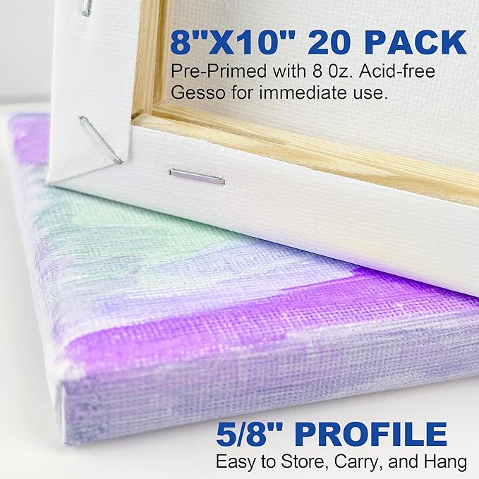 Blank Canvases - 8x10in Stretched Canvases, 20 Pack, 5/8 Inch Profile, 100% Cotton Artist Framed Canvas for Acrylics, Oils & Other Painting Media