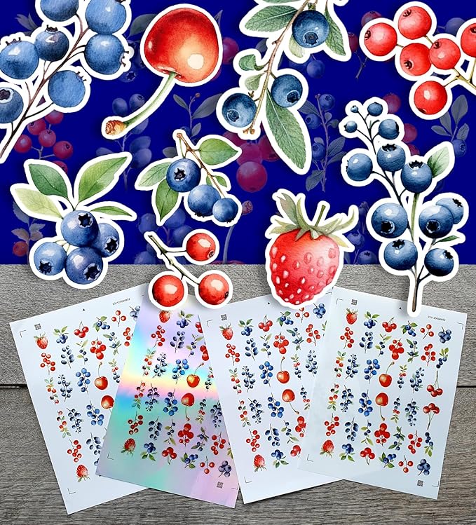 Stickers Pack (Over 150 Stickers) Delicious Colourful Summer Berries Vintage Styled Small Vinyl Stickers White Holographic Transparent