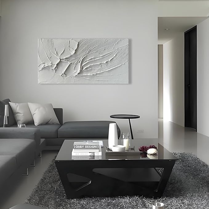Art Thick Textured White Minimalist Oil Painting Large Home Wall Deco Art 48x24 inches