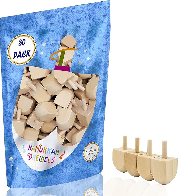 The Dreidel Company 25-Pack Hanukkah Wood Dreidels, Design Your Own Game, DIY Unfinished Natural Wooden Chanukkah Dreidels - 1.5" Inch (Pack of 25)