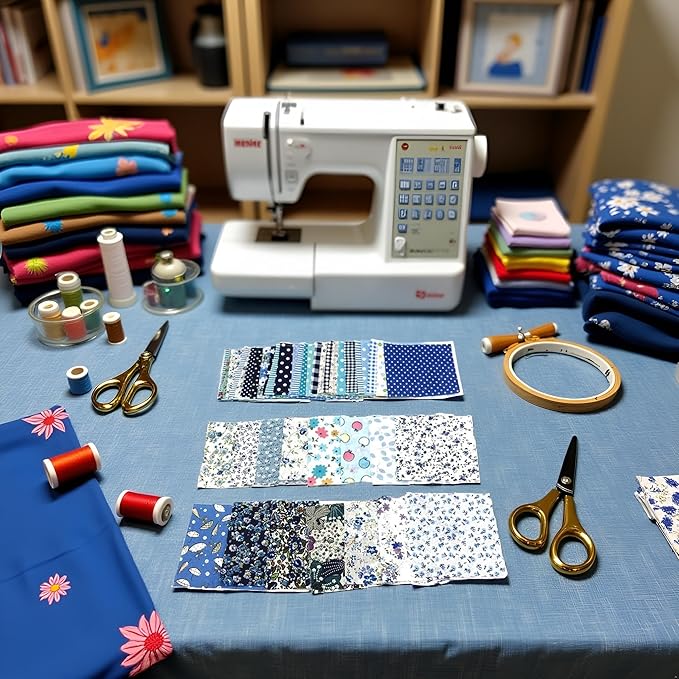 50Pcs 4" x 4" Cotton Craft Fabric Vintage Cotton Fabric Bundle Printed Floral Patchwork Plain Cloth Floral Precut Fabrics for DIY Art Sewing Quilting Scrapbooking (Blue)