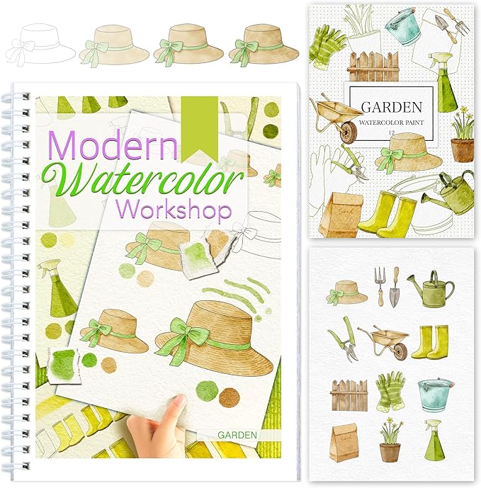 Watercolor Workbook for Beginners with Step-by-Step - 12 Watercolor Coloring Pages - 100% Cotton 300gsm/140lb Watercolor Paper - Gift for Women,Adults, Teens (Garden)