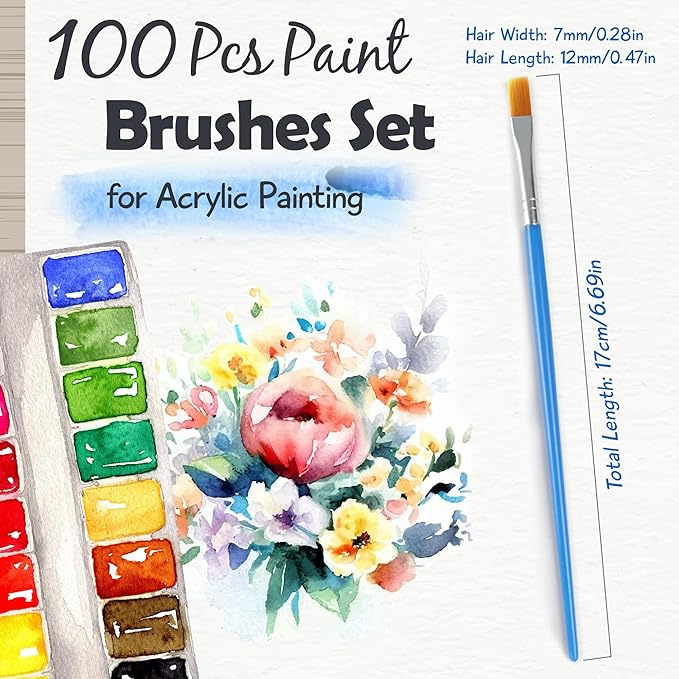 Paint Brushes Set for Acrylic Painting, 100 Pcs Flat Art Painting Brushes Acrylic Paint Brush, Nylon Paint Brush for Kids Adults Oil Watercolor Rock Painting Body Face Nail Art