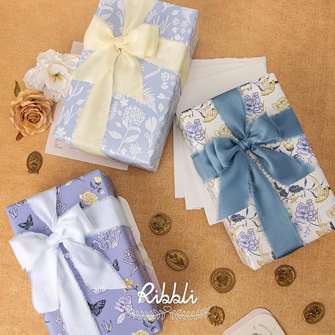 Ribbli Dusty Blue Silk Satin Ribbon 1.5 Inch x 30 Yard Handmade Frayed Chiffon Dusty Blue Ribbon for Gift Wrapping Wedding Invitations Bridal Bouquets Home Decor