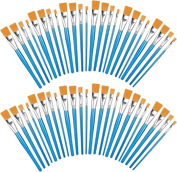 48 Pcs Paint Brush Set Bulk Acrylic Brush Wood Paint for Detail Art Crafts Artist Adult Watercolor Oil Face Body(1, 0.75, 0.5, 0.25 Inch, Flat Style)