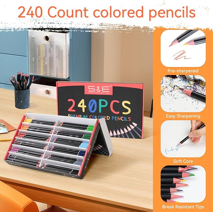 S & E TEACHER'S EDITION Colored Pencils 240Pcs, Pre-sharpened Super Soft Core Lead, Colored pencils,In Drawing Pencils, Woodcase Lead Pencils, Christmas Gifts