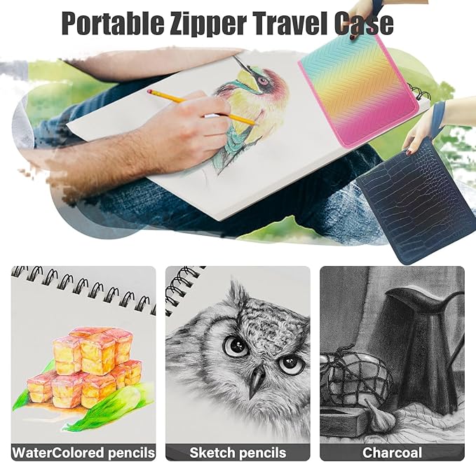 42 Pack Drawing Set Sketch Kit, Art Sketching Supplies has 3-Color Sketchbook Coloring Book Graphite Charcoal watercolor pencils, Portable Travel Size Case gift for Beginner Artists Adults