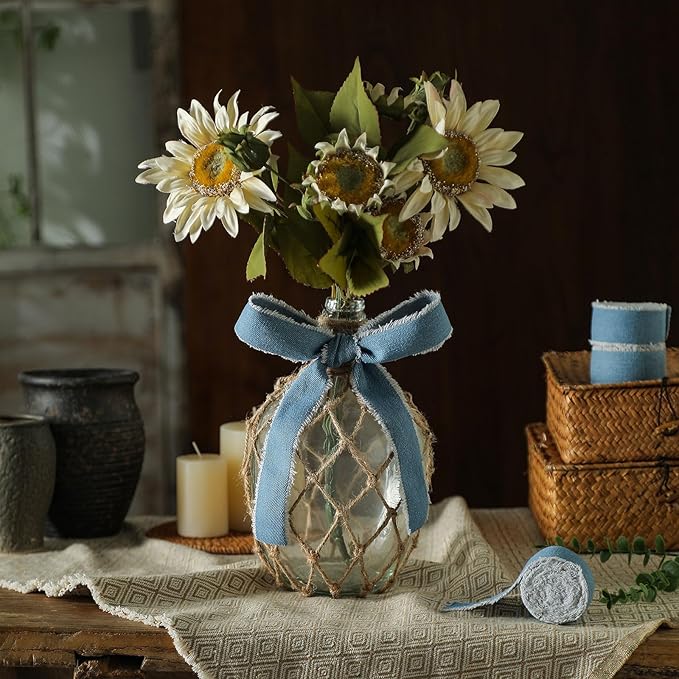 Light Blue Denim Ribbon for Crafts Handmade Rustic Frayed Cotton Jean Fabric Ribbon for Flower Bouquet 15 Yards 1 1/2 Inch Cloth Ribbons for Gift Wrapping Hair Sewing Accessories Holiday Decor