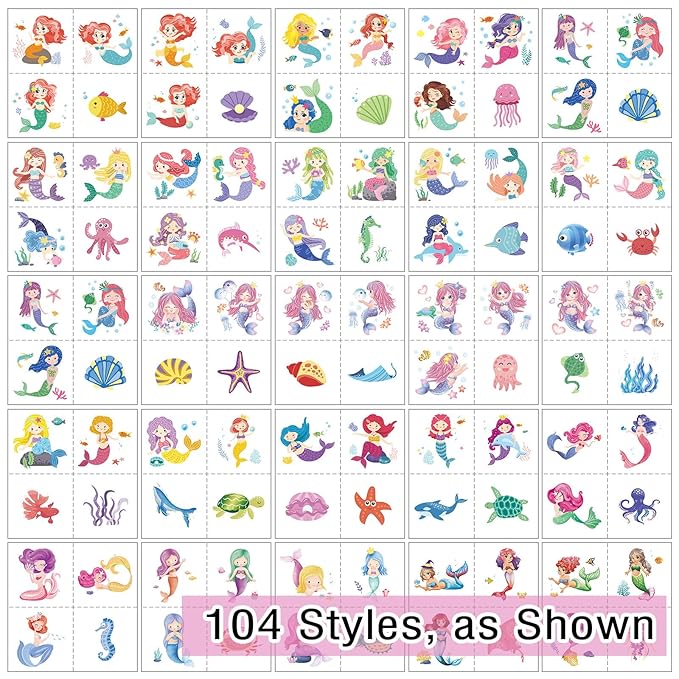 104 PCS Mermaid Temporary Tattoos for Kids Girls Birthday Decorations, Mermaid Fake Temp Tattoos Party Favors for Under The Sea Party Decorations Supplies
