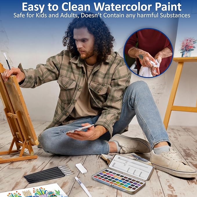 Professional Watercolor Paint Set – 50 Brilliant Colors, 6 Detail Brushes, Water Brush Pen, Swatch Sheet, Sponge & Metal Case – Portable Non-Toxic Colors with ASTM D-4236 Certificate, Kit for Adults, Artists & Students