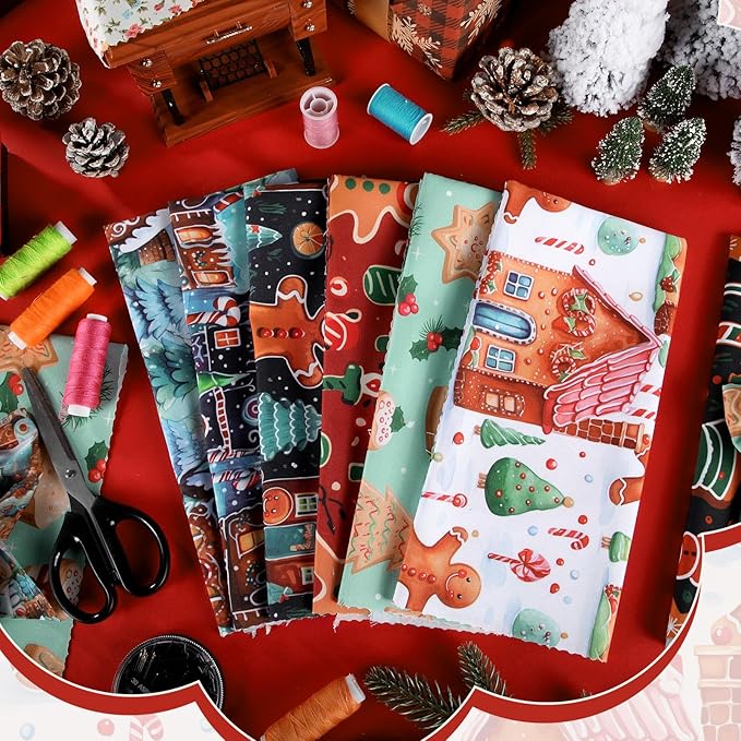 Hahafelt 10 Pcs Christmas Gingerbread Man Fabric Bundles 20 x 20 Inch Square Gingerbread Quilting Fat Fabric by The Yard Precuts Printed Patchwork Supplies for Xmas Winter Craft Sewing DIY Decor