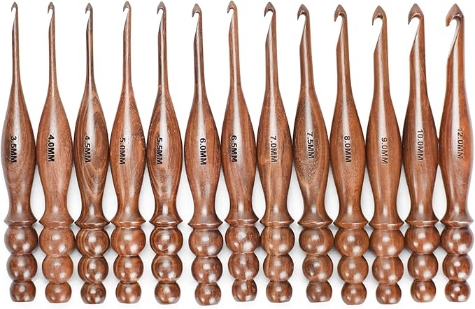 Wooden Crochet Hooks Set of 13 for Arthritic Hands | Ergonomic Soft Grip Handcrafted Knitting Needle for Crocheting and Knitting (Brown (Crochet - 3))