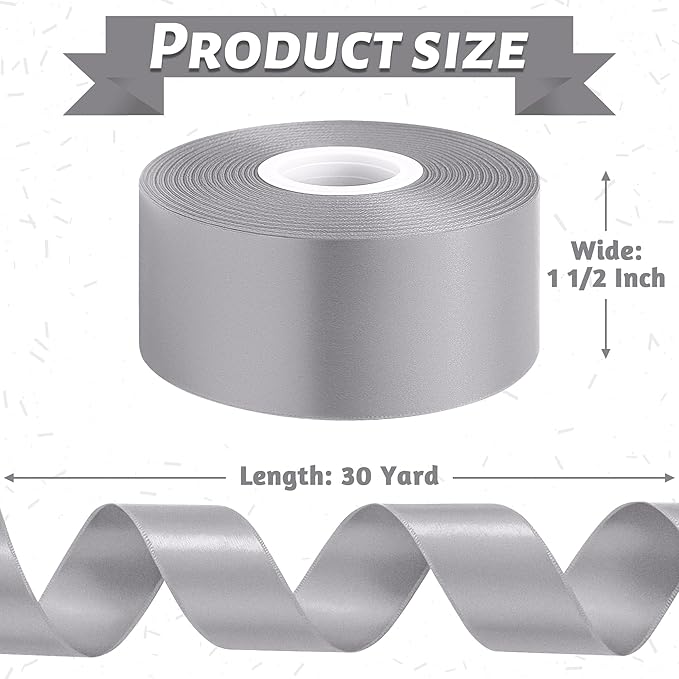 Fullive 1 1/2 Inch Ribbons for Crafts, 30 Yards Gray Ribbon for Gift Wrapping, Polyester Solid Satin Ribbon for Flower Bouquet for Birthday Holiday Decorations DIY Hair Bows Floral Arrangements