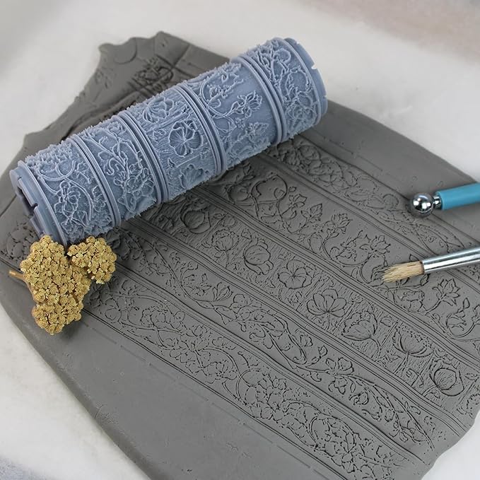 Garden Scrollwork Clay Texture Roller (4") - Seamless Border Set #01 - Embossing Pattern Roller for Polymer & Ceramic Clay, Pottery & Crafts