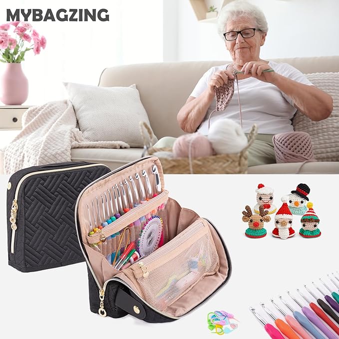 MYBAGZING Crochet Hook Case with 14 Size Crochet Hooks Set 2mm(B)-10mm(N) Ergonomic Crochet Hooks with Crochet Case Stand Up - Crochet Hook Organize for Crochet Lovers, Crochet Kit for Beginners