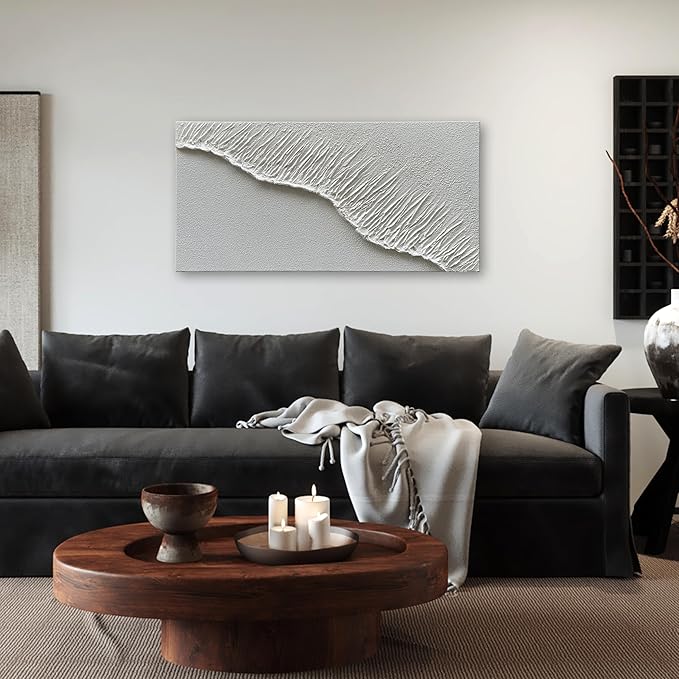 NANKAI Art Hand-Painted White Wave Texture Abstract Art Contemporary Minimalist Canvas Oil Painting, Home Living Room Corridor Wall Decoration Art, 24x48 inches
