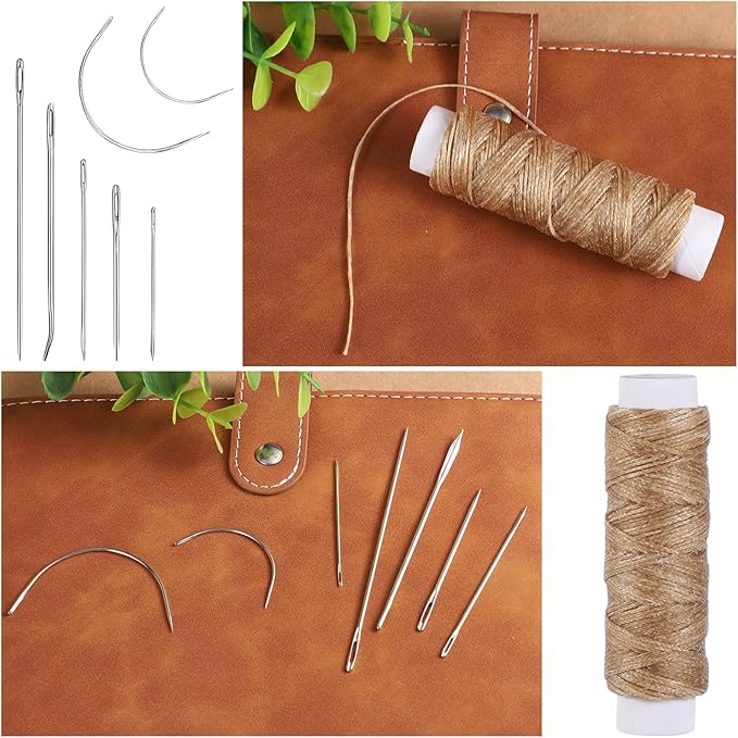 55Yards Waxed Thread with 7 Pcs Leather Needles for Hand Sewing 150D Flat Waxed Thread - Leather Repair Needles for Upholstery, Canvas Bags, Sofa Furniture (Khaki)