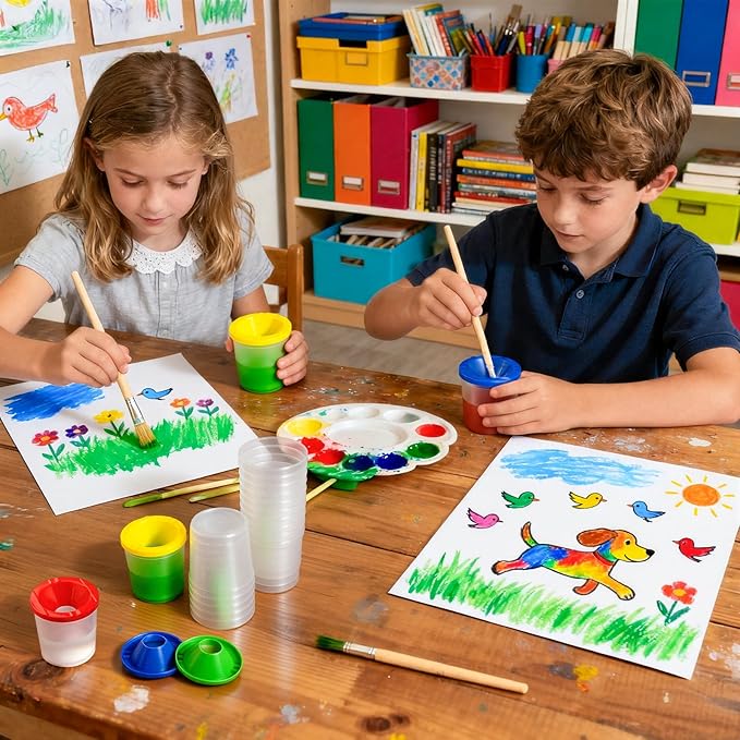 24 Pcs No Spill Paint Cups with Lids for Kids Reusable Spill Proof Paint Cups for Classroom art Supplies and Crafts, (4 Colors)