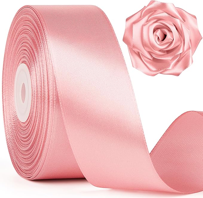 1-1/2 Inch Wide Rose Gold Satin Ribbon, 50 Yards Solid Polyester Fabric Ribbon for Roses Making, Gift Wrapping, Valentine's Day, Wedding Decorations, Crafts, Bows