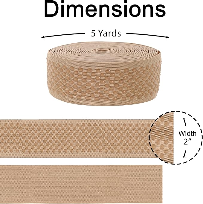 Mandala Crafts 2 Inch Elastic Silicone Gripper Tape for Clothing - 5 Yds Dotted Non Slip Elastic Band for Sewing - Tan Silicone Flat Fabric Stretchy Ribbon Straps