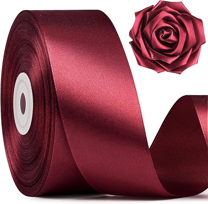 1-1/2 Inch Wide Dark Red Satin Ribbon, 50 Yards Solid Polyester Fabric Ribbon for Roses Making, Gift Wrapping, Valentine's Day, Wedding Decorations, Crafts, Bows, Flower Bouquets