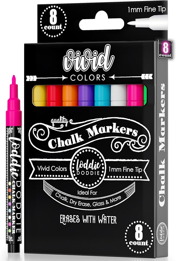 Loddie Doddie Fine Tip Liquid Chalk Markers - Pack of 8, 1mm - Precision Chalk Pens for Blackboard - Vibrant Neon Dry Erase Markers for Glass & Windows