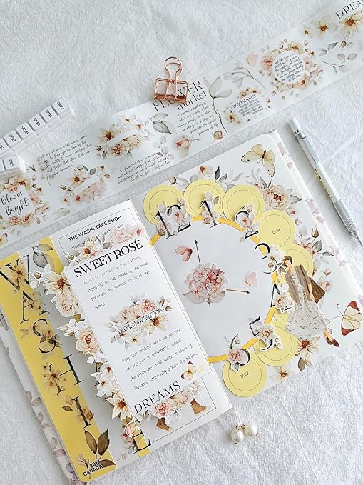 WT Pre-Cut Sweet Rosé Wide Washi Tape, Single Roll, Original Designs, Dreamy Rose Motifs & Subtle Handwritten Accents, Decorative Japanese Paper Tape for Journaling, Scrapbooking, Planner, DIY Crafts