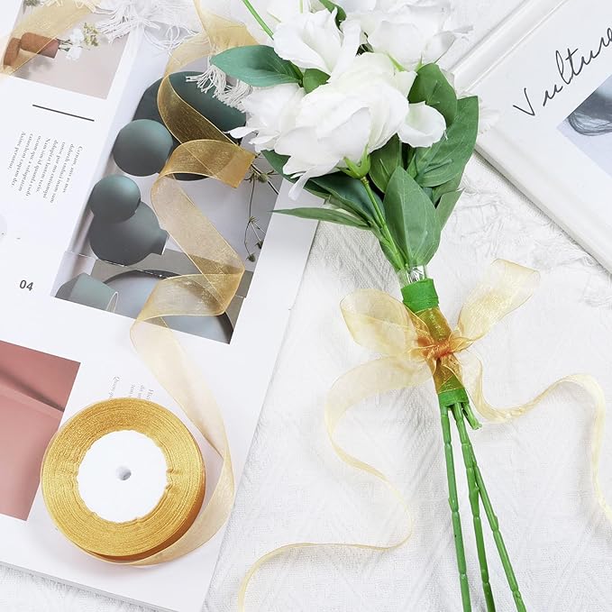 Gold Ribbon for Gift Wrapping 3/8 inch Sheer Organza Ribbon for Flower Bouquet Tulle Chiffon Ribbons for Wedding Invitations Christmas Halloween Decorations Crafts 50 Yards