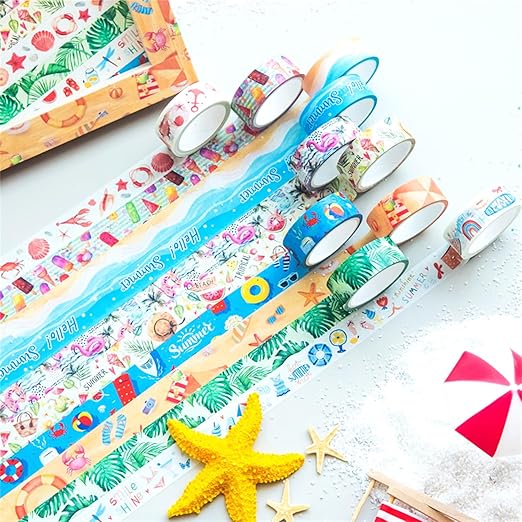 Summer Washi Tape Set 10 Rolls - Beach Ice Cream Masking Decorative Tape for Bullet Journal, Planner, DIY Arts Crafts, Scrapbooking Party Favors ﻿ (Summer)