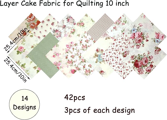Layer Cakes 10 inch Squares for Quilting, Pre-cuts 42Pcs Vintage Floral Print Cotton Fabric Squares 10x10 inch Layer Cakes, Layer Cake Fabric Clearance for Quilting 10 inch