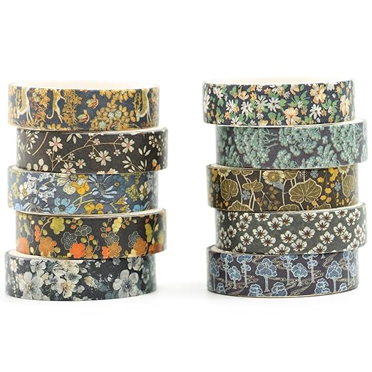 10 Rolls Ukiyo-e Style Washi Tape Set Japanese Kyoto Arts Adhesive Tapes Skinny Decorative Masking Tape Sets for Craft, Kids, Scrapbook, DIY, Gift Wrapping (Blooming Heritage)