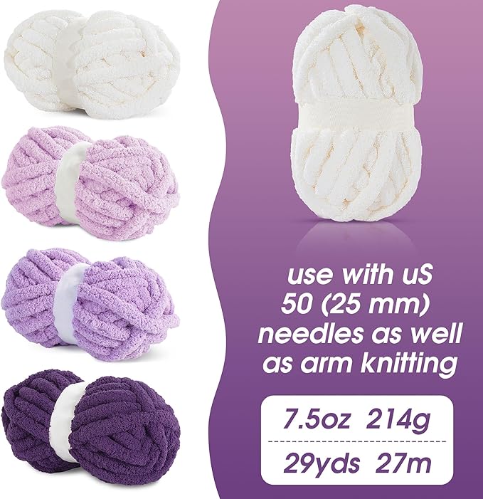 HOMBYS 8 Pack Assorted Chunky Yarn for Crocheting,Super Bulky Large Soft Fluffy Yarn,Plush Fuzzy Yarn,Thick Chenille Yarn for Hand Knitting/Arm Knitting,Purple Gradient(27yds,8 oz Each Skein)