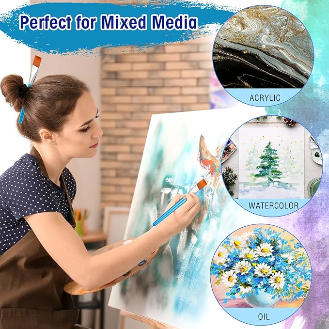 Zonon 30 Pieces Paint Brushes Bulk Small Flat Top Acrylic Oil Paint Brush for Artists Mini Touch up Crafts Detail Painting(1 Inch,Blue)