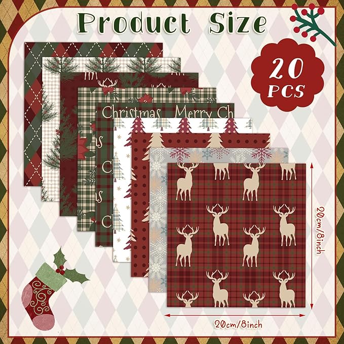 10''x10'' Christmas Woodland Quilting Fabric Square Vintage Plaid Precut Quilted Fabric Bundle Reindeer Poinsettia Patchwork Supplies for Winter Xmas Handmade DIY Craft Sewing Material