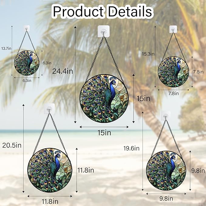 Stained Glass Window Hanging, Blue Green Peacock Decor Suncatcher for Door Garden Home Decoration Bird Sun Catchers Christmas Mother's Day Birthday Gifts for Women Men Mom Nana Friend 9.8 in