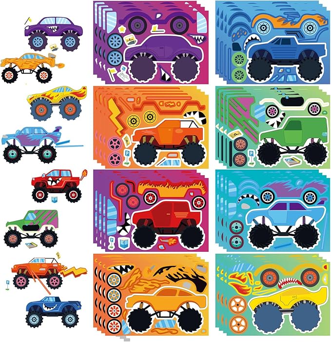 24PCS Monster Truck Stickers, Make Your Own Stickers, Monster Truck Themed Birthday Party Favor, Cartoon Car Make-a-face Sticker Teacher Classroom Rewards Activities for Girls Boys