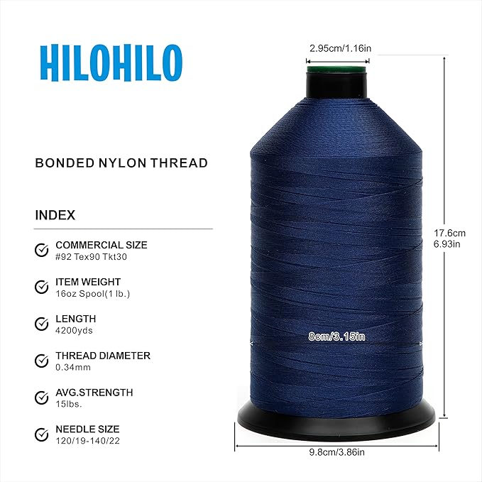 Extra Strong Bonded Nylon Thread #92 Tex90 – 16 OZ, 4200yds, Versatile Stitching Solution for Leather, Upholstery, Canvas Repair and More (Royal Blue)