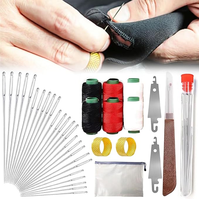 Big Eye Steel Sewing Needles Kit, 34PCS Big Eye Steel Needles Set - Long & Thin Handmade Quilting & Sewing Needles Kit, Portable Sewing Kit in Faux Leather Case, for DIY Sewing
