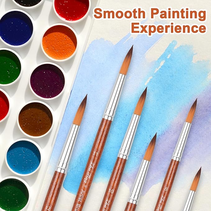 Watercolor Brushes, Round Pointed Tip Paint Brushes Set, 12 Pcs Different Sizes Paint Brushes for Watercolor Acrylics Ink Gouache Oil Tempera