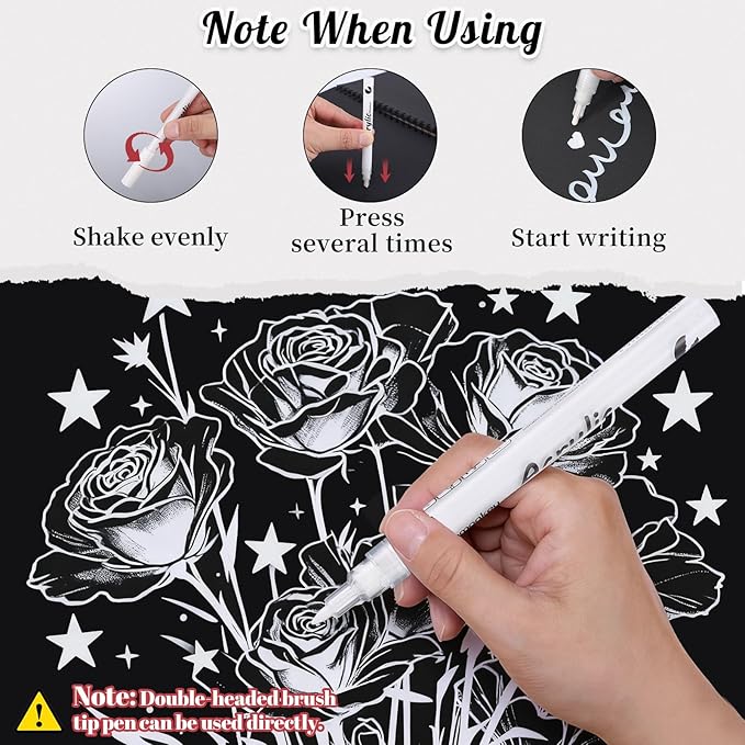 White Pens Set, 6 Pcs Acrylic Paint Pens Dual-Tip Marker Fineliner Brush Pen Quick-Drying Waterproof White Ink Pen for Black Paper Drawing Sketching Clothes Wood Glass Ceramic Stone
