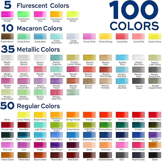 100 Colors Watercolor Paint Set with Metallic, Macaron & Fluorescent Colors-Professional Grade Watercolor Paints for Artists, Beginners & Illustrators, Ideal for Blending, Layering & Creative Artwork