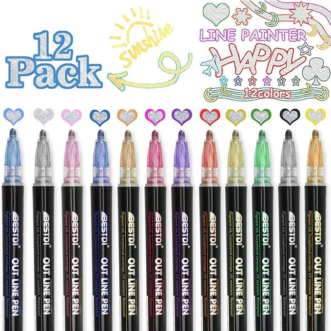 12Colors Super Squiggles Shimmer Markers, Self-outline Metallic Markers for Painting, Drawing, Gift Cards