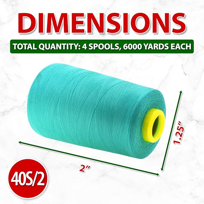 Mandala Crafts 4 Pack of Serger Threads Cones Spools - 40S/2 24000 Yards Polyester Aqua Threads for Sergers Machine and Overlock Quilting Sewing Machine