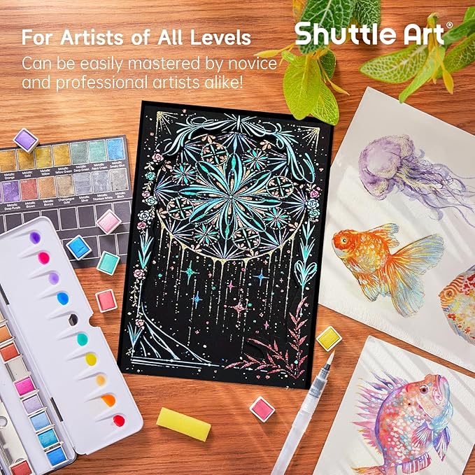 Metallic Watercolor Paints, Shuttle Art 24 Colors Glitter Watercolor Paint in Half Pans with Water Brush Pen Watercolor Pad &Mental Box, Art Supplies for WatercolorPainting, Illustrations, Calligraphy