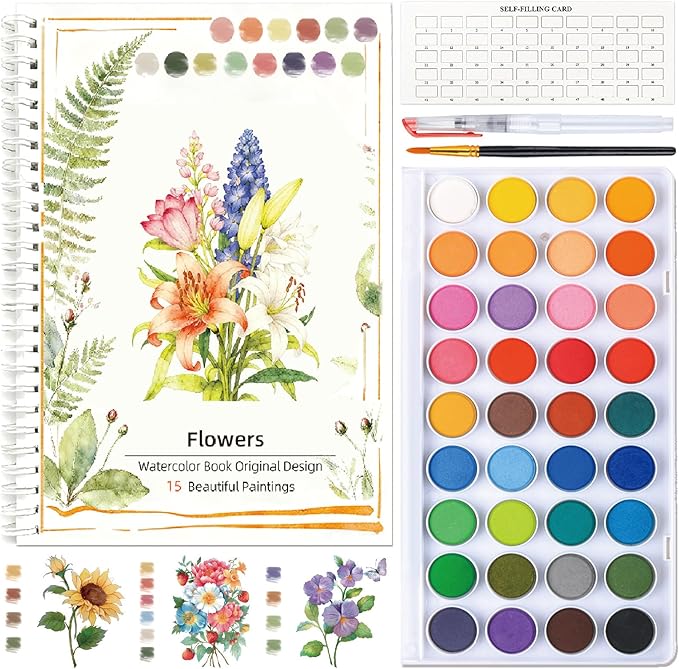 Watercolor Workbook,36 Colors Water Coloring Book, Watercolor Paint Set Portable with 2 Paint Brush,15 Beautiful Paintings for Beginners